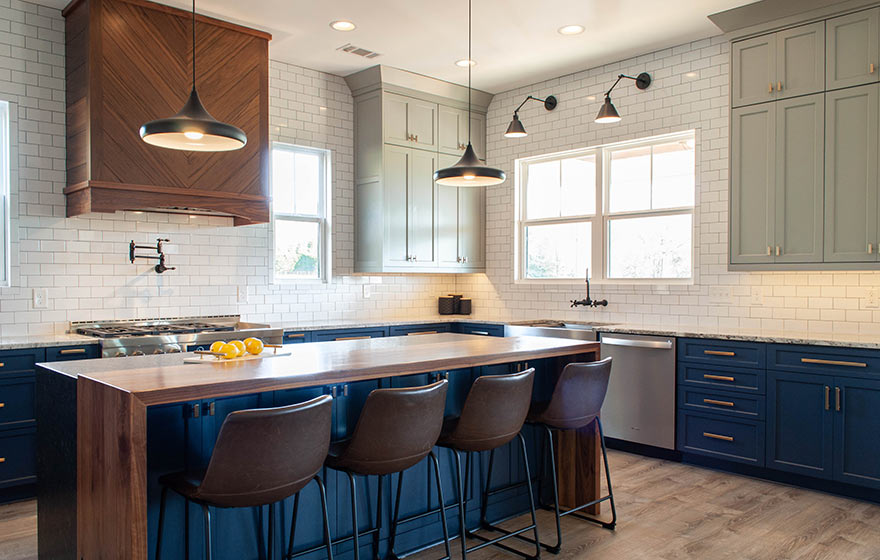 light grey and navy blue kitchen