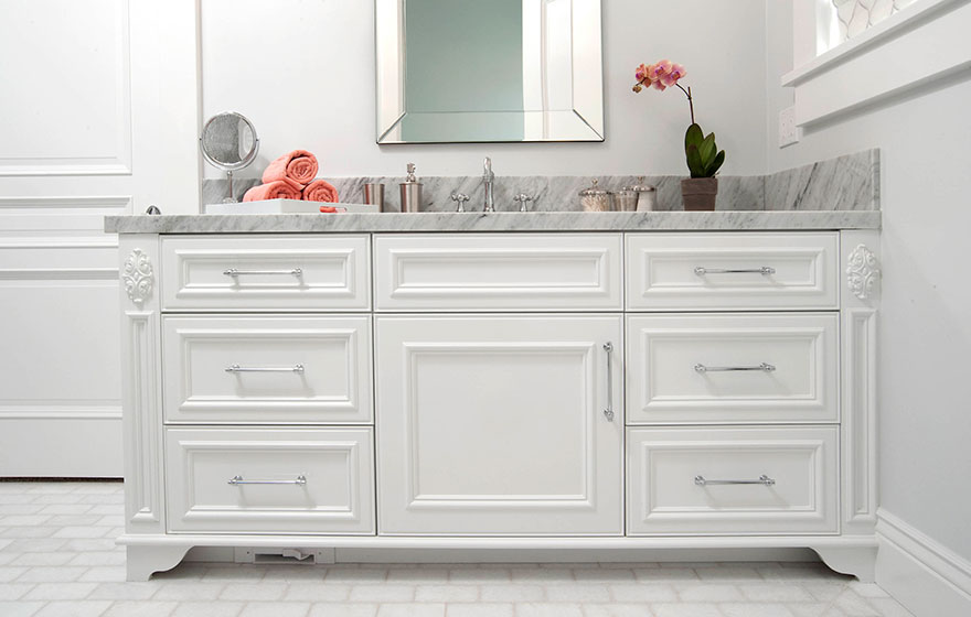 An elegant and romantic bathroom featuring bright white paint allows the natural light to showcase the Berrington 3/4" (391) Door. 