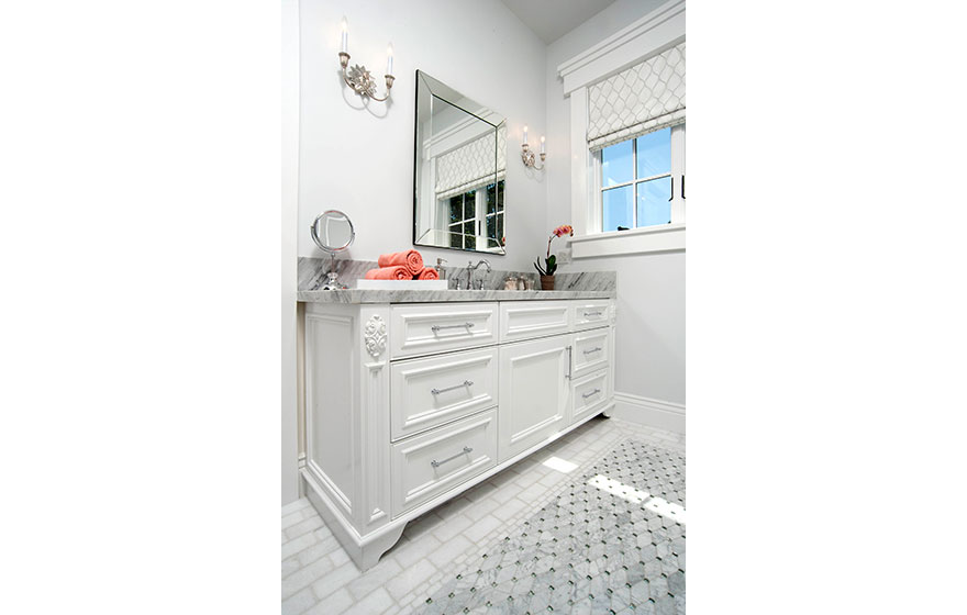 An elegant and romantic bathroom featuring bright white paint allows the natural light to showcase the Berrington 3/4" (391) Door. 