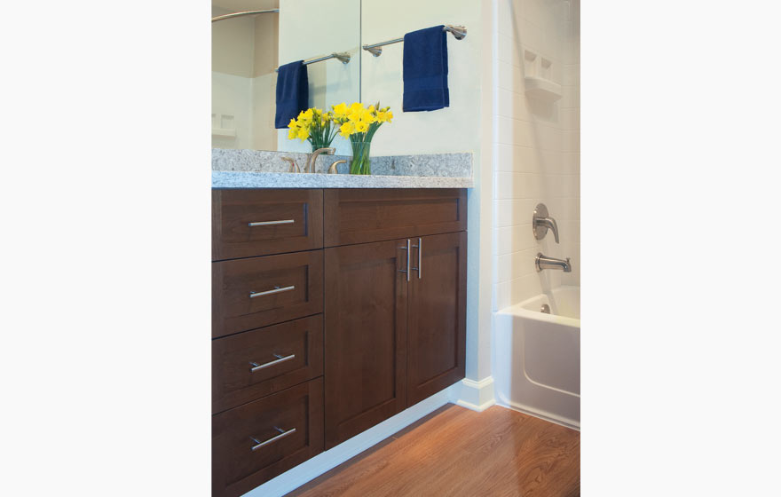 Dark stain perfectly pairs with the clean lines of the Shaker door style in this contemporary bathroom.