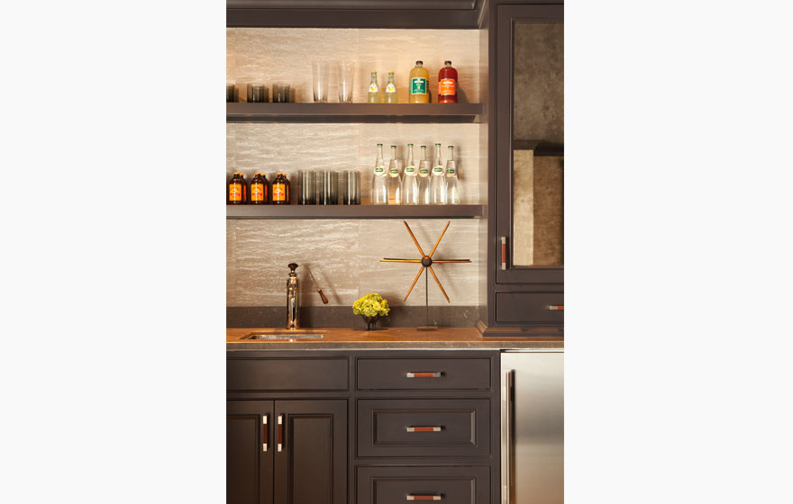 Beautiful grey Laguna 3/4" (853) cabinets set the stage for an entertainment area.