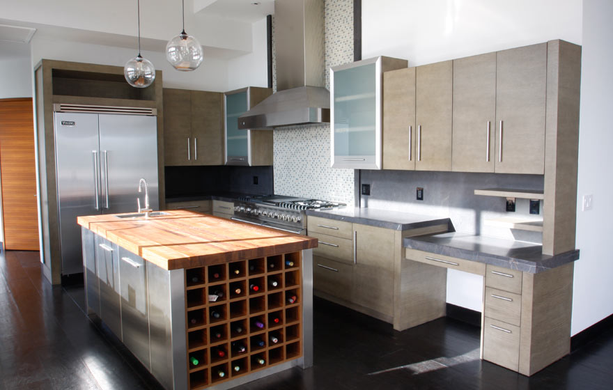 This minimalistic, Industrial look features a slab door that provides a stunning appearance.